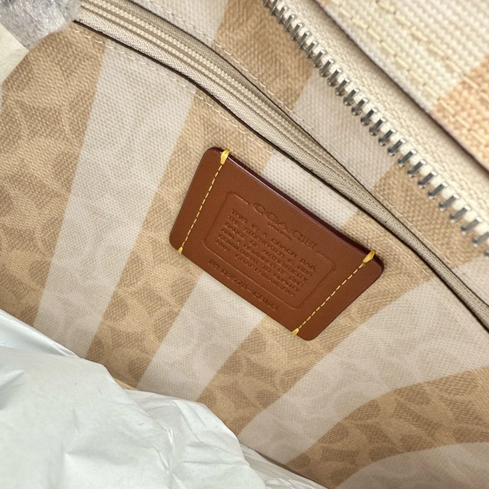 Coach Large City Tote Bag In Signature Canvas With Stripe Silver Sand Tan
